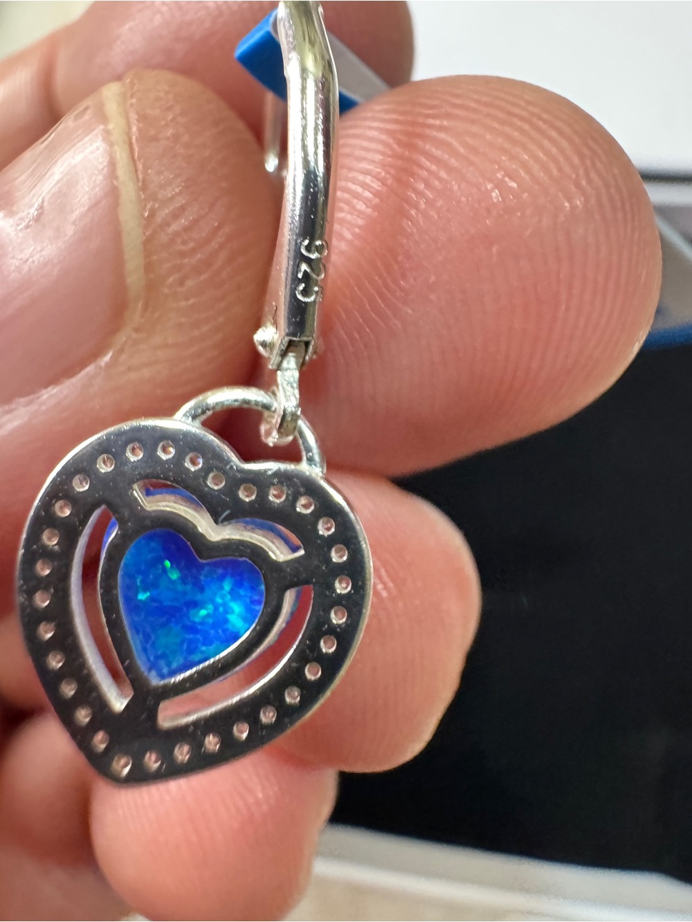Blue Opal 925 Sterling Silver Heart Drop Earrings with Blue Opal Inlay - Picture 8 of 12